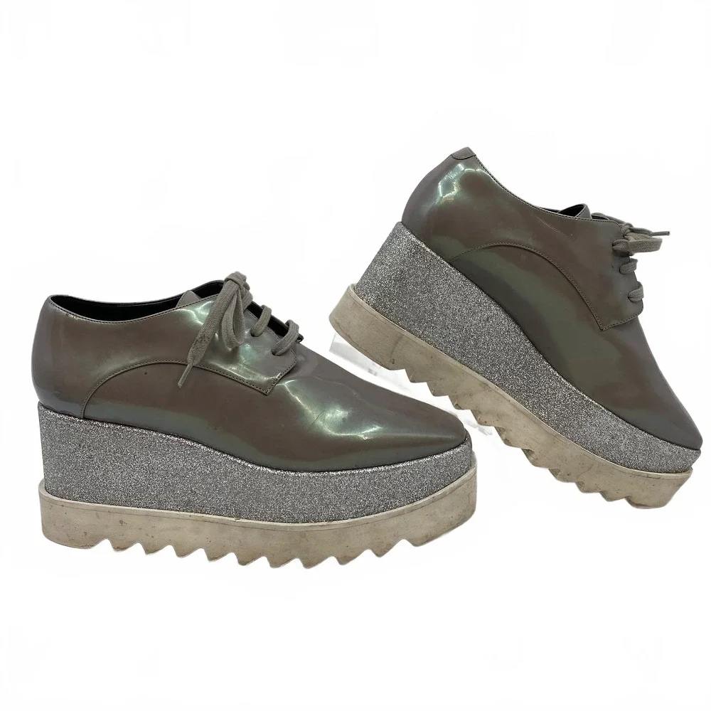 Stella McCartney Gray Silver Glitter Platform Lace-Up Shoes | 38EU Regular